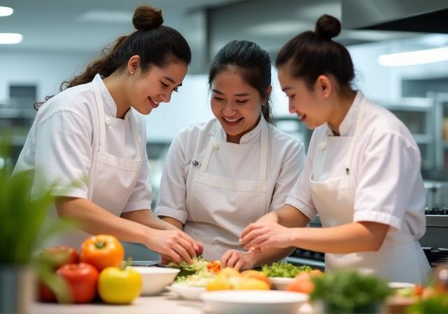 NutriBloom team preparing food in a bright kitchen in Singapore