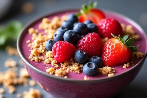 Acai smoothie bowl topped with fresh berries and granola